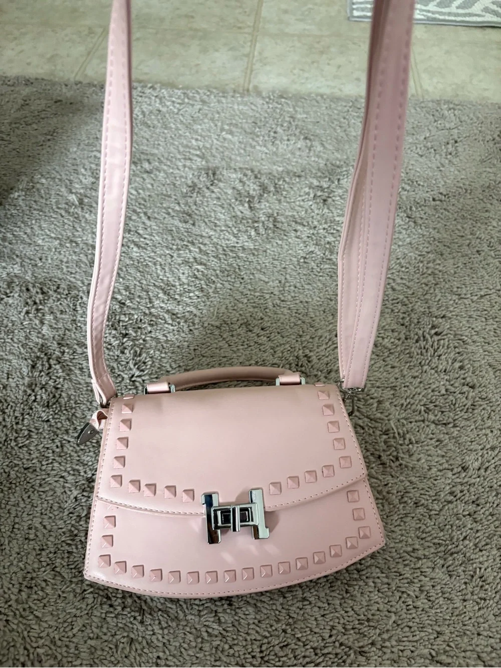 Women's Pink Studded Top-Handle Crossbody Bag